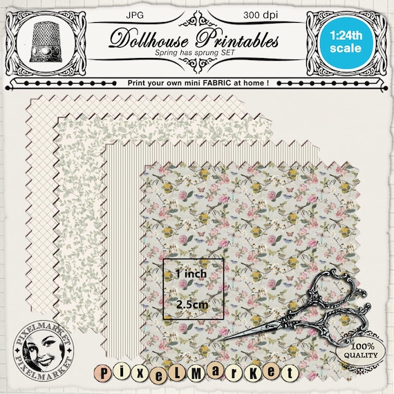 MINIATURE Chinoiserie FABRICS Printable sheets for 1/24th scale dollhouse diorama roombox Digital download Print at home fabric