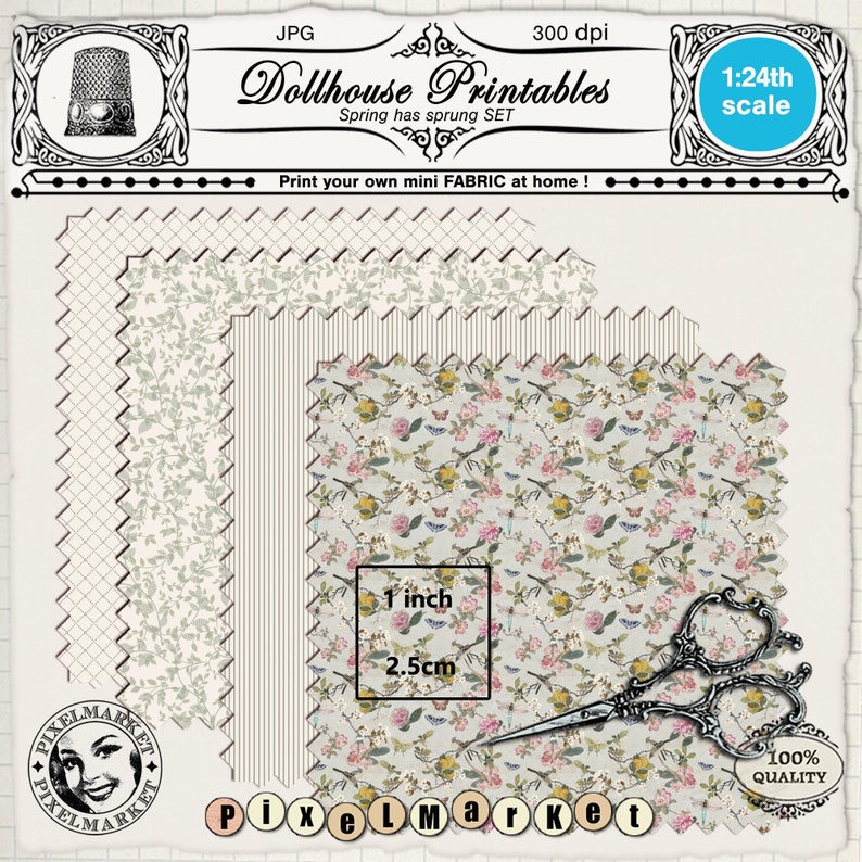 MINIATURE Chinoiserie FABRICS Printable sheets for 1/24th scale dollhouse diorama roombox Digital download Print at home fabric image 1