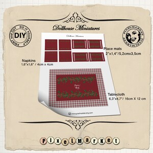 May include: Printable dollhouse miniatures for a Christmas-themed dining set. The set includes a tablecloth, placemats, and napkins with a red and green plaid pattern and holly accents. The text "Joyeux Noel" is printed on the tablecloth.
