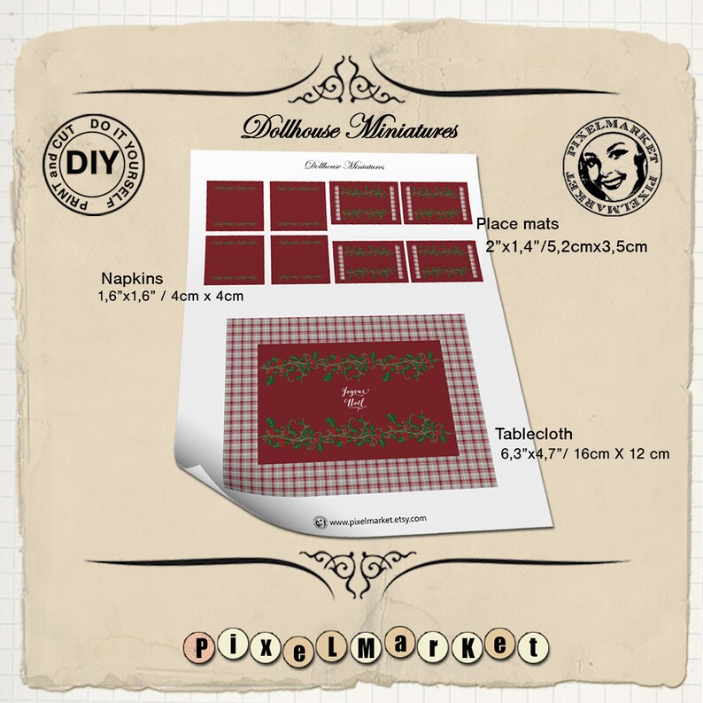 May include: Printable dollhouse miniatures for a Christmas-themed dining set. The set includes a tablecloth, placemats, and napkins with a red and green plaid pattern and holly accents. The text "Joyeux Noel" is printed on the tablecloth.