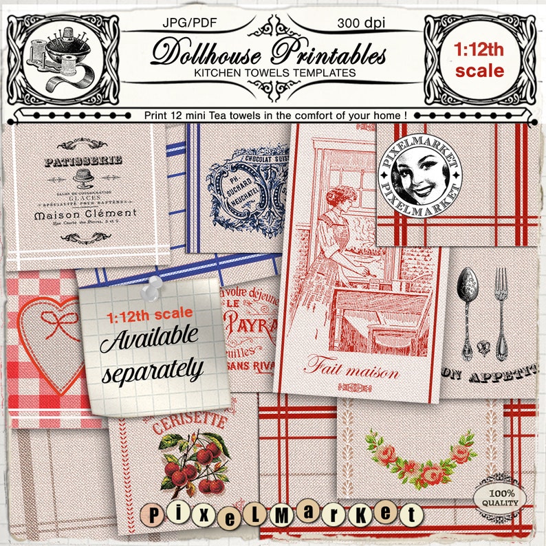 May include: A collage of 12 printable dollhouse kitchen towel designs. The towels feature a variety of patterns, including red and white gingham, blue and white stripes, and floral designs. The towels are all 1:12th scale and are available separately. The text "Dollhouse Printables" and "Kitchen Towels Templates" is at the top of the image. The text "Print 12 mini Tea towels in the comfort of your home!" is in the middle of the image.