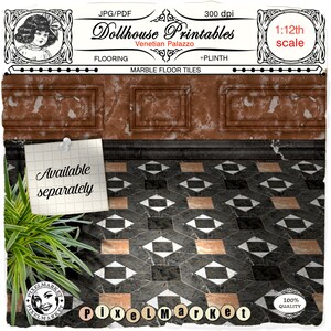 DOLLHOUSE FLOORING 1/12 Checkered Floor tiles and border French Manor marble floor Printable sheet download for Diorama Roombox Book nook image 9