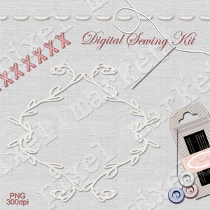 SEWING CLIP ARTS Digital Border Embroidery Frame Clipart Stitch Thread Needle Button Diecut Linen Paper Blog Background White b04