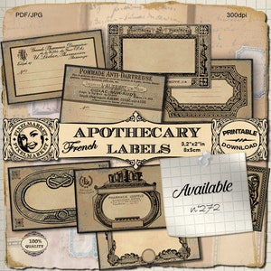 May include: A set of printable French apothecary labels in black and white with ornate frames. The labels are 3.2 inches by 2 inches and are available for download. The labels feature text in French, including "Pharmacies Populaires" and "Pommade Anti-Dartreuse".