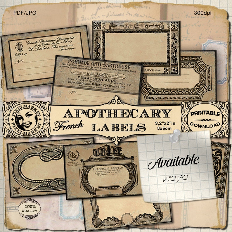 May include: A set of printable French apothecary labels in black and white with ornate frames. The labels are 3.2 inches by 2 inches and are available for download. The labels feature text in French, including "Pharmacies Populaires" and "Pommade Anti-Dartreuse".