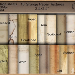 2,5"x3,5" GRUNGED DISTRESSED Worn PAPERS Foglio collage digitale Texture Macchiato Strappato Bruciato Sgualcito Piegato Scarabocchiato Nastrato sfondi c15