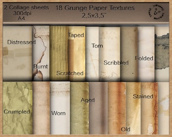 2,5 "x 3, 5" GRUNGED DISTRESSED indossato PAPERS Digital Collage foglio Texture tinto strappato bruciato spiegazzato piegato scarabocchiato nastrate sfondi c15