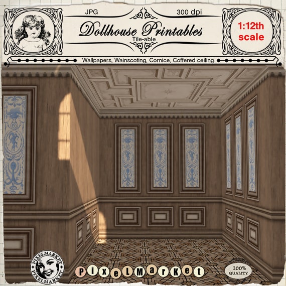 Dollhouse Wallpapers Wainscot Coffered Ceiling 112th Printable Miniature Wallpaper Digital Sheet Download For Doll House Diorama Roombox