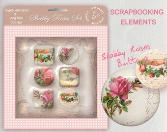 Instant Download Shabby ROSES GLOSSY CLIPARTS Printable Buttons Digital Elements Embellishments for Scrapbooking Png Pdf e01