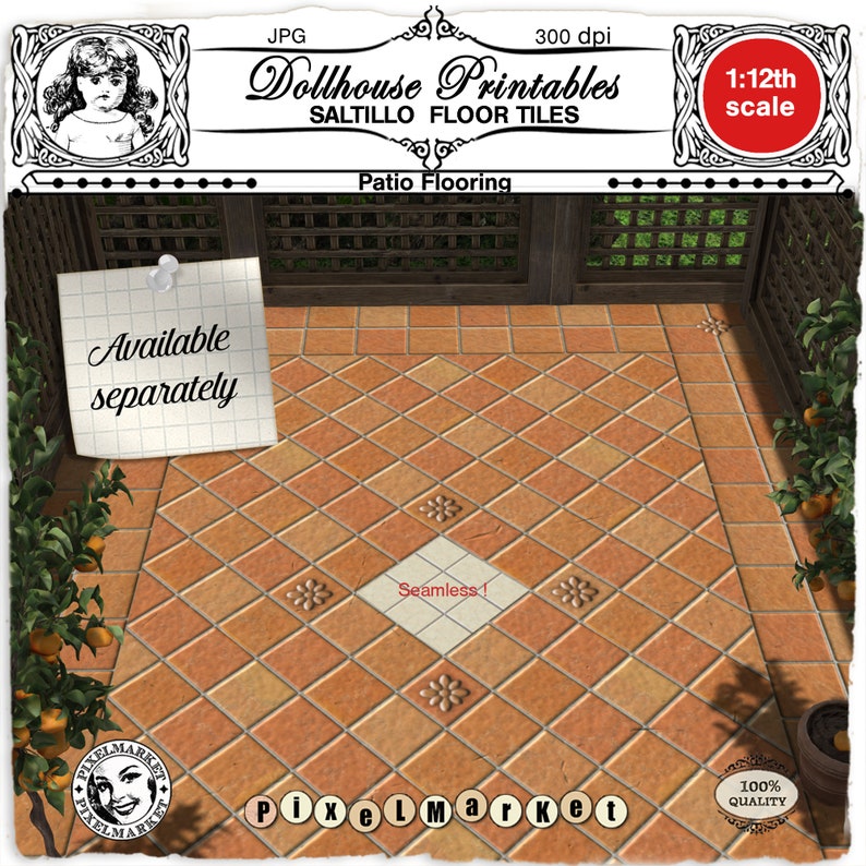 May include: A seamless, terracotta tile pattern for dollhouse flooring. The tiles are a light orange colour with a darker orange border and a white centre. The tiles are arranged in a diamond pattern. The image text reads "Dollhouse Printables Saltillo Floor Tiles Patio Flooring Seamless!"