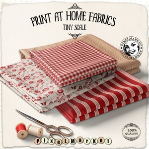 May include: Four different fabric swatches in red and white patterns. The fabrics include a red and white gingham, a red and white stripe, a red floral pattern on a white background, and a tan and white stripe. The fabrics are folded and stacked on top of each other. The image also includes a pair of scissors, two spools of thread, and the text "PRINT AT HOME FABRICS TINY SCALE" and "PixelMarket".