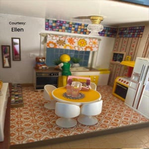 DOLLHOUSE Retro Linoleum 1/12 Printable 70's Kitchen Rusty Brown vinyl flooring Vintage floor tiles Instant download for dollhouse roombox image 2