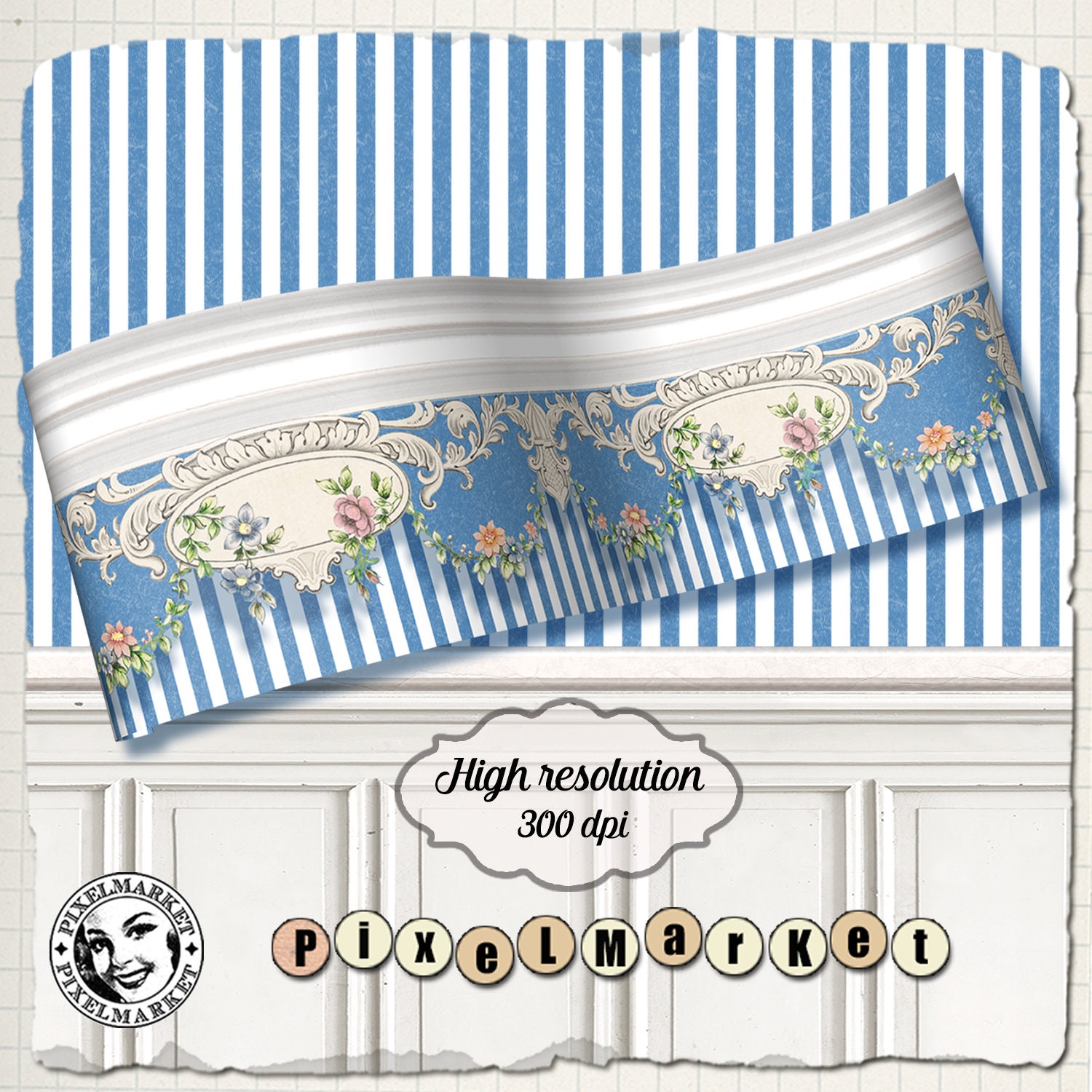 Printable Dollhouse WALLPAPERS WAINSCOT & Floral BORDER Etsy