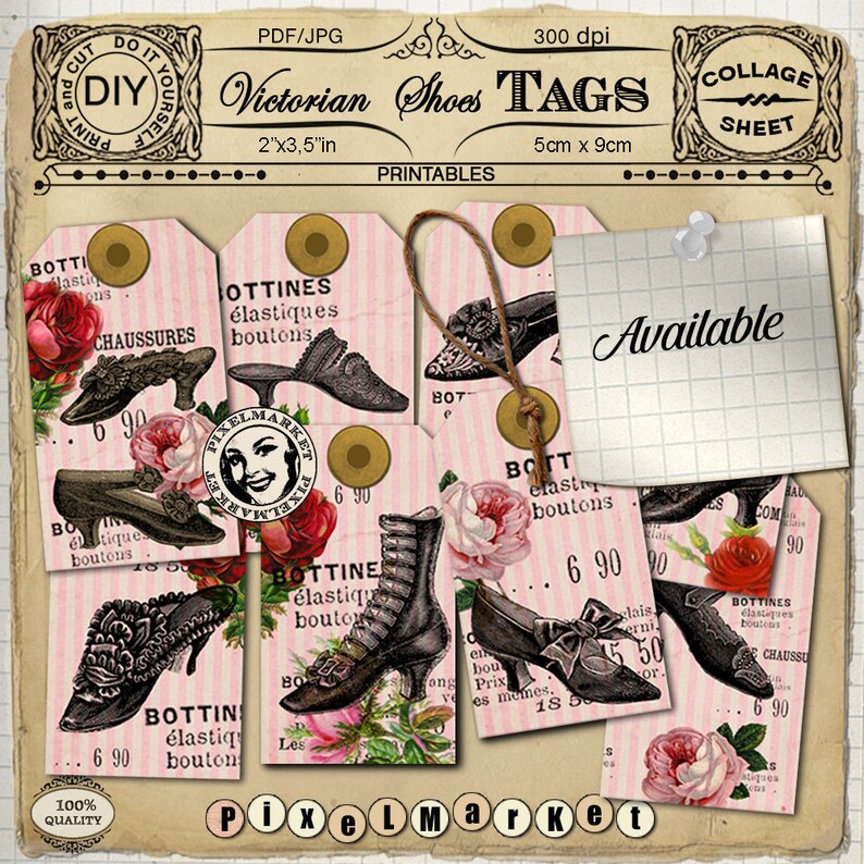 Op de afbeelding: Printbare Victoriaanse schoenetiketten met roze en witte bloemenmotieven. De etiketten bevatten de tekst "Bottines elastiques boutons" en "6.90".