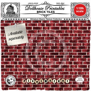May include: Red brick wall texture printable for dollhouse projects. The printable is 1:12th scale and is available separately. The image includes the text "Dollhouse Printables Brick Tiles Miniature Basics Texture Collection 1:12th scale 100% Quality PixelMarket".