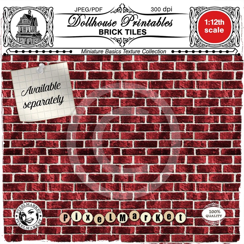 May include: Red brick wall texture printable for dollhouse projects. The printable is 1:12th scale and is available separately. The image includes the text "Dollhouse Printables Brick Tiles Miniature Basics Texture Collection 1:12th scale 100% Quality PixelMarket".