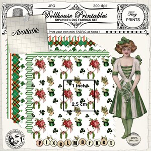 K&ouml;nnte beinhalten: Druckbarer Stoff-Set f&uuml;r Puppenh&auml;user zum Thema St. Patrick's Day. Das Set enth&auml;lt vier verschiedene Muster mit Kleebl&auml;ttern, H&uuml;ten, Blumen und Streifen in Gr&uuml;n, Wei&szlig; und Rot. Der Stoff ist 1 Zoll (2,5 cm) quadratisch.