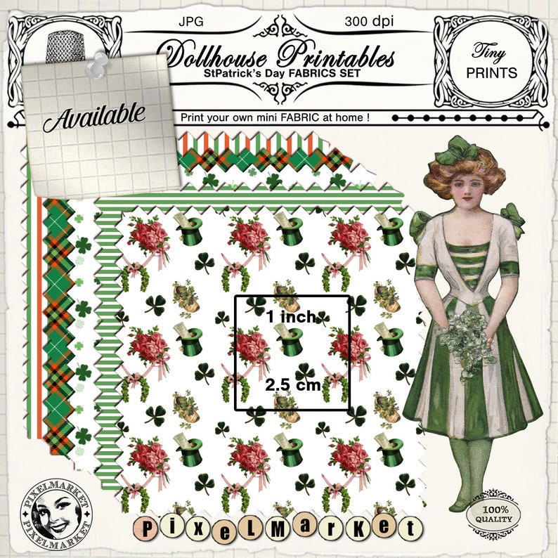 K&ouml;nnte beinhalten: Druckbarer Stoff-Set f&uuml;r Puppenh&auml;user zum Thema St. Patrick's Day. Das Set enth&auml;lt vier verschiedene Muster mit Kleebl&auml;ttern, H&uuml;ten, Blumen und Streifen in Gr&uuml;n, Wei&szlig; und Rot. Der Stoff ist 1 Zoll (2,5 cm) quadratisch.