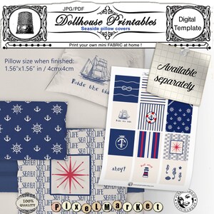 May include: A printable set of 1.56 inch square pillow covers with nautical themes. The designs include anchors, stars, stripes, and the phrase "Ride the Tide".