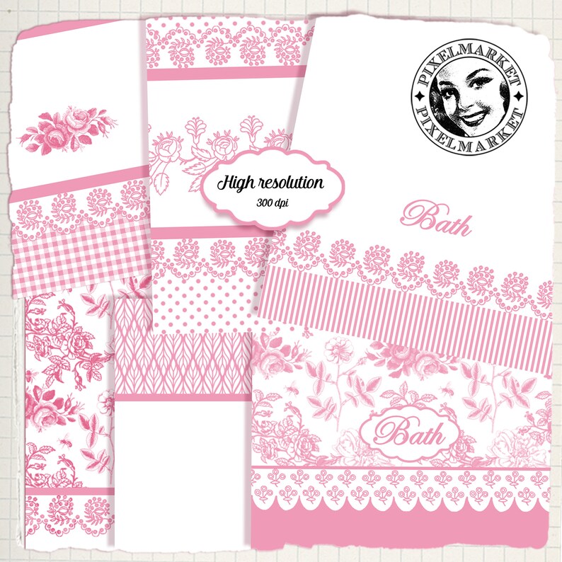 May include: A set of digital paper designs featuring pink and white floral patterns, gingham, polka dots, stripes, and borders. The papers are labeled "Bath" and "High resolution 300 dpi".