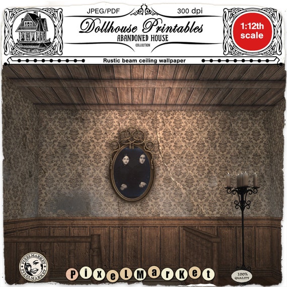 Dollhouse Rustic BEAM CEILING WALLPAPER Old wooden planks Miniature wood siding Printable sheet for 1/12th gothic diorama roombox book nook