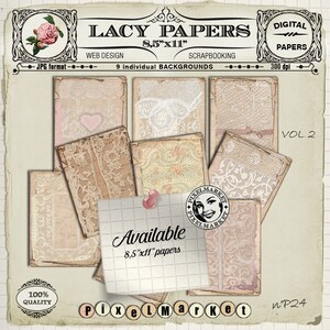 May include: Nine digital paper backgrounds featuring delicate lace patterns in shades of cream, pink, and white. The papers are 8.5 inches by 11 inches and are available for web design, scrapbooking, and other creative projects. The papers are part of a collection called "Lacy Papers" by Pixelmarket.