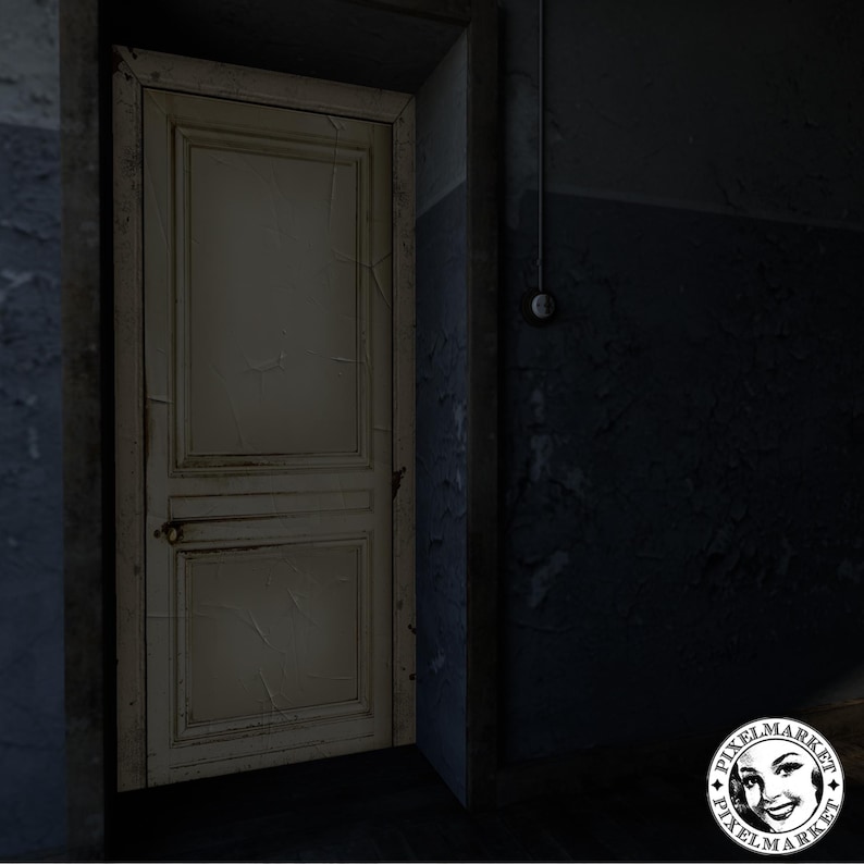 May include: A white door with a single pane of glass in the top half and two panes of glass in the bottom half. The door is slightly ajar and the room behind it is dark.