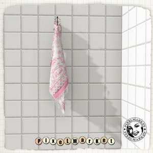 May include: A white bath towel with pink floral designs and the word "Bath" in a pink banner hanging on a hook in a white tiled bathroom.