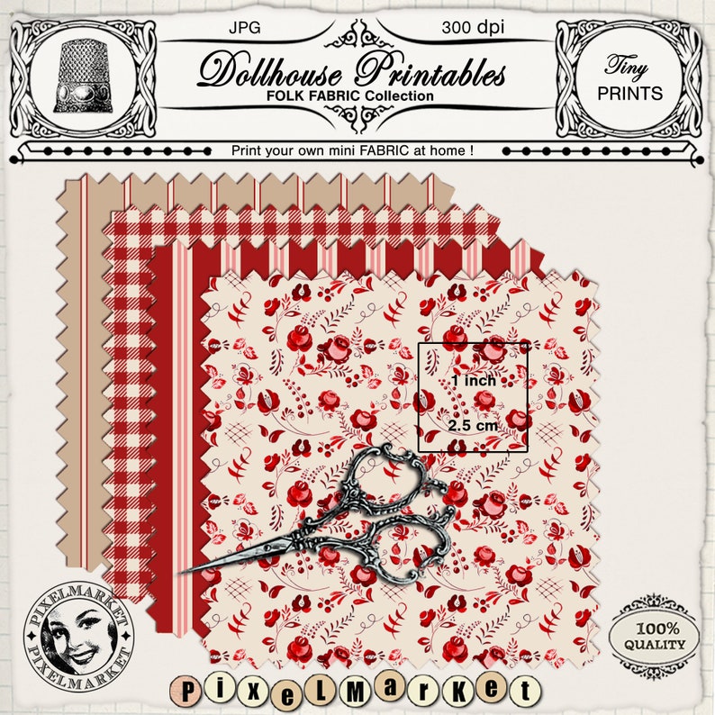 May include: Four printable fabric patterns for dollhouses. The patterns include a red and white gingham, a red and white stripe, a beige and white stripe, and a floral pattern with red roses on a cream background. The floral pattern is 1 inch by 2.5 inches.
