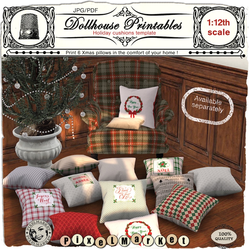 Dollhouse PRINTABLE FABRIC 1:12th miniature Christmas Tablecloth Placemats & Napkins Digital TEMPLATE Iron On for doll house diorama roombox image 8