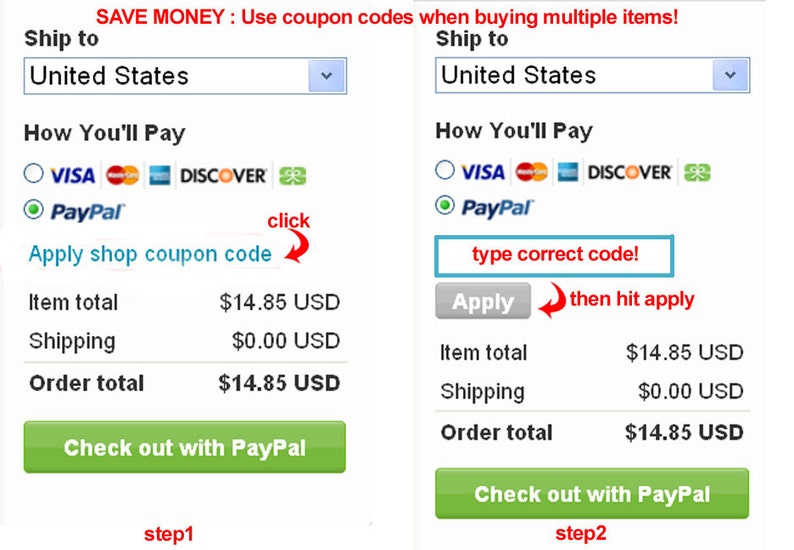 May include: Screenshot of an online checkout process showing two steps. The first step shows a checkout with a shop coupon code option. The second step shows a checkout with a coupon code field and an apply button. Both steps show a total of $14.85 USD and a green button that says "Check out with PayPal".
