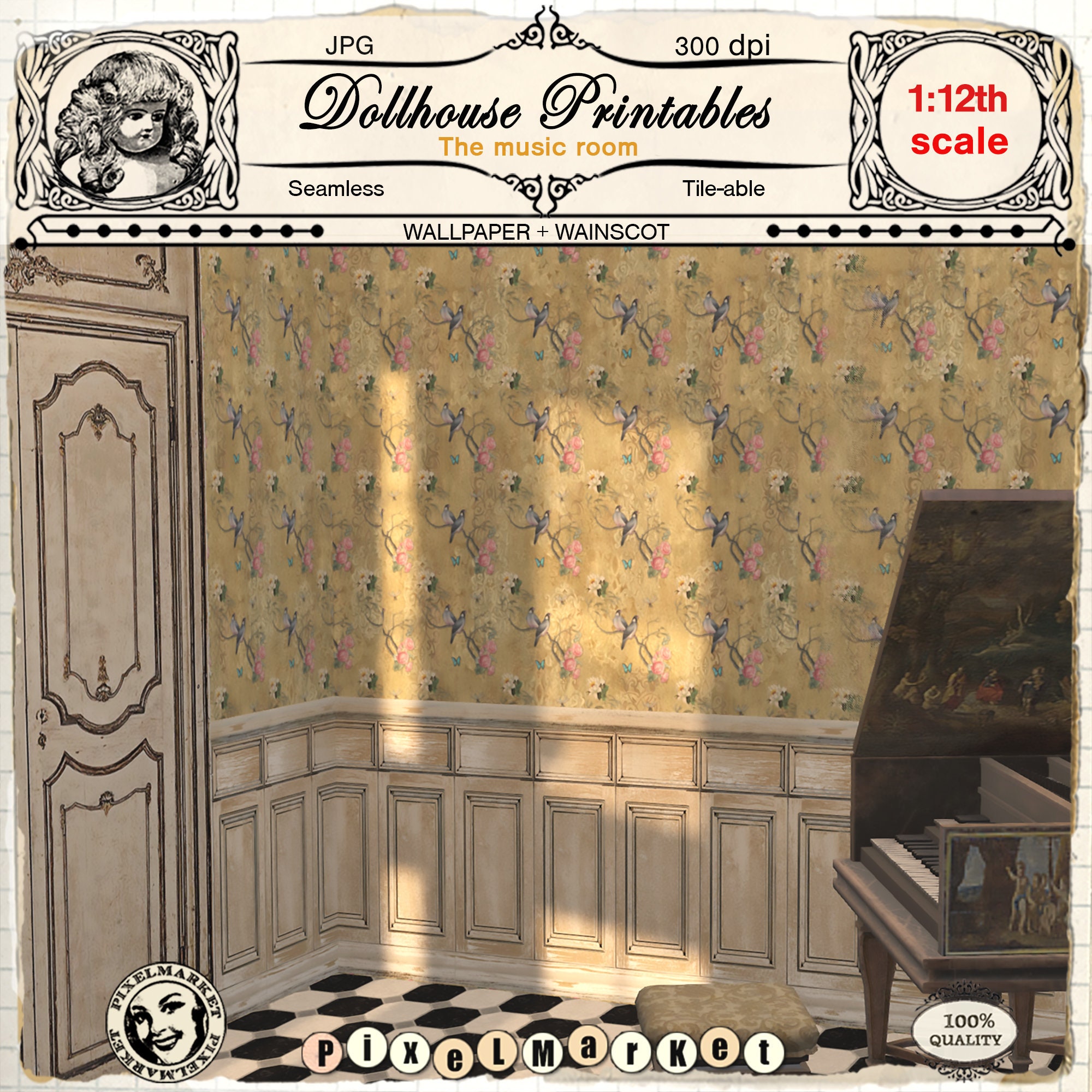 Dollhouse Printables Chinoiserie Wallpaper With White Washed Etsy Uk