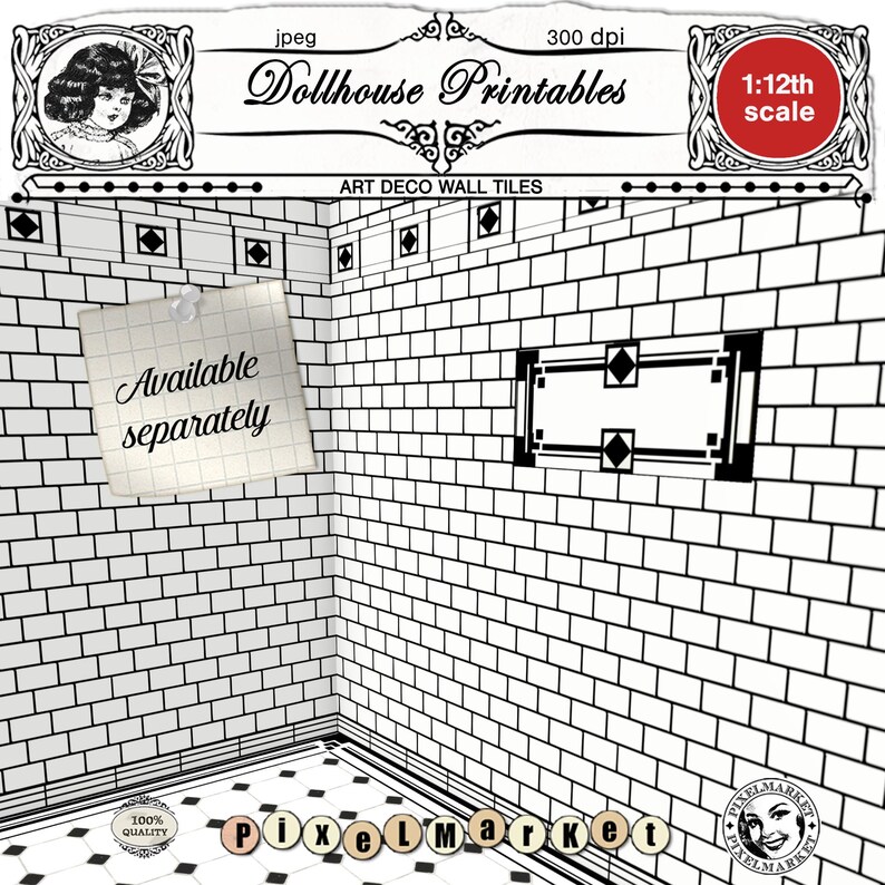 DOLLHOUSE Flooring ART DECO Bathroom 1/12 scale Black & White Floor tiles Printable download Digital sheet for Diorama Roombox image 12