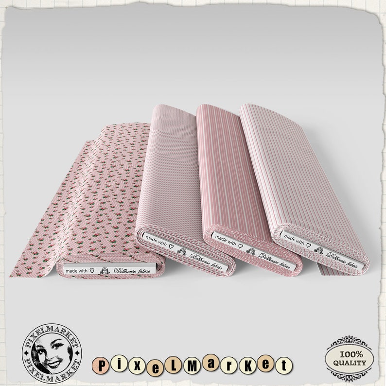K&ouml;nnte beinhalten: Vier Rollen rosa Stoff mit verschiedenen Mustern. Der Stoff ist aus Dollhouse-Stoff hergestellt und tr&auml;gt auf jeder Rolle den Text "made with".