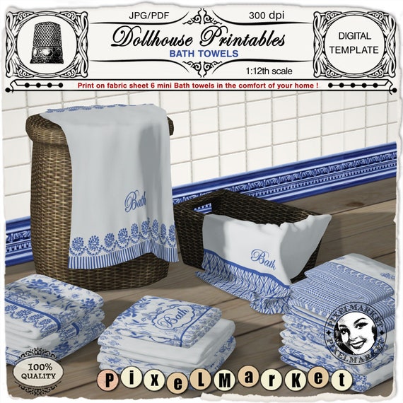 Dollhouse printable MINIATURE BATH TOWELS Digital template to download and print on fabric sheet for 1:12th scale bathroom Diorama Roombox