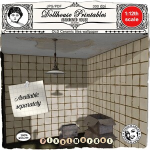 May include: A dollhouse printable of an old, abandoned room with white and brown ceramic tiles, a light fixture hanging from the ceiling, and two cardboard boxes on the floor. The text "Available separately" is written on a yellow sticky note.