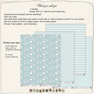 Peut inclure: Quatre feuilles de papier num&eacute;rique imprimables dans un sch&eacute;ma de couleur bleu clair. Une feuille pr&eacute;sente un motif r&eacute;p&eacute;t&eacute; de lapins roses, de nuages blancs et de croissants de lune. Une autre feuille a un motif vichy blanc et bleu clair. La troisi&egrave;me feuille a un motif en losange blanc et bleu clair. La derni&egrave;re feuille a un motif de rayures verticales blanc et bleu clair. Le texte "What you will get" et "PixelMarket" est visible sur l'image.