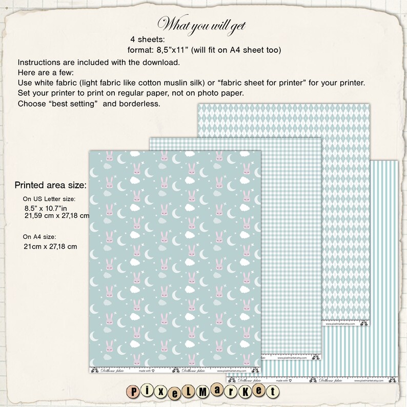 Peut inclure: Quatre feuilles de papier num&eacute;rique imprimables dans un sch&eacute;ma de couleur bleu clair. Une feuille pr&eacute;sente un motif r&eacute;p&eacute;t&eacute; de lapins roses, de nuages blancs et de croissants de lune. Une autre feuille a un motif vichy blanc et bleu clair. La troisi&egrave;me feuille a un motif en losange blanc et bleu clair. La derni&egrave;re feuille a un motif de rayures verticales blanc et bleu clair. Le texte "What you will get" et "PixelMarket" est visible sur l'image.