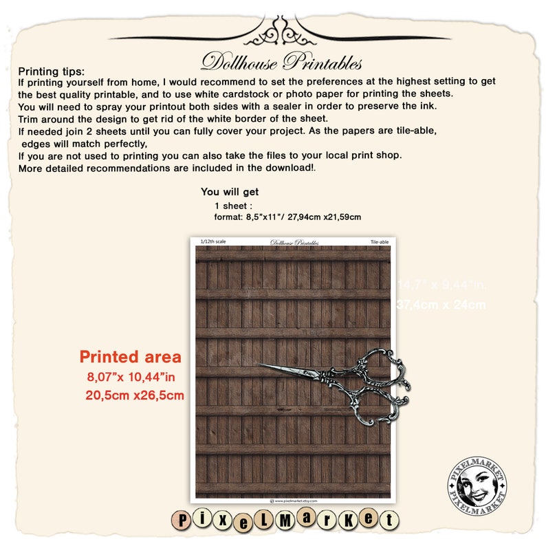 May include: Printable dollhouse wall panel with a wood grain texture. The panel is 8.07 inches by 10.44 inches and is printed on a sheet of 8.5 inches by 11 inches. The panel is printed in brown and white.