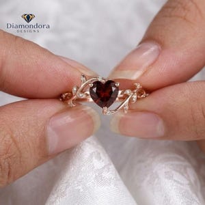 Heart Shape Ruby Ring in 14K Rose Gold, Vintage Leaf Design Engagement Ring, Minimalist Promise Ring, Anniversary Gift for Her