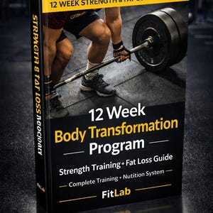 Puede incluir: Una guía de fitness titulada "12 Week Body Transformation Program" con el texto "Strength Training + Fat Loss Guide". La portada presenta a una persona levantando una barra con pesas. El lomo del libro dice "Strength & Fat Loss Program."