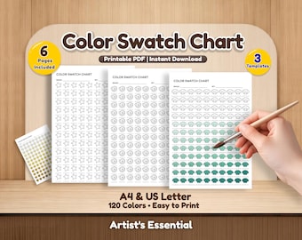 印刷可能なカラー見本チャート｜マーカー見本シート A4 USレター｜アーティスト向け120色カラーチャートテンプレート｜塗り絵ツールオーガナイザー