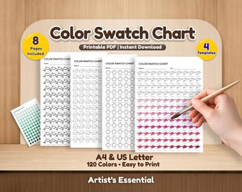 マーカー用カラー見本チャート（印刷可能なPDF）、120色見本シート、かわいい動物の見本テンプレート、アーティスト用カラートラッカー（A4、USレターサイズ）