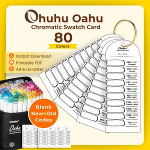 Pode incluir: Conjunto de cartões de amostra de cor Ohuhu Oahu com 80 cores em etiquetas de papel branco presas por um anel de metal dourado. O conjunto inclui espaços em branco para códigos de cor novos e antigos, com etiquetas como Pineapple.