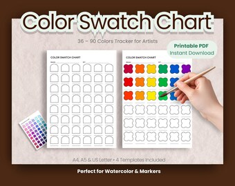 アーティスト向けカラー見本チャート（印刷可能なPDF）、水彩マーカー見本シート、A4、A5、USレターサイズ、カラートラッカーテンプレート