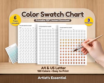 カラー見本チャート（印刷可能なPDF）｜マーカー＆水彩絵の具見本シート、120色トラッカー、画材オーガナイザー（A4、USレターサイズ）