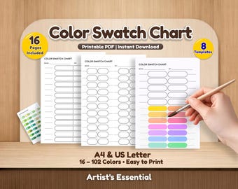 アーティスト向け印刷可能なカラー見本チャート：絵の具、マーカー、画材トラッカー（デジタルダウンロード）