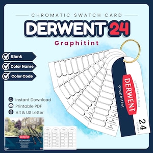 May include: A Derwent 24 Graphitint chromatic swatch card set featuring blank white paper templates with spaces for color names and codes. The cards are held together by a gold metal ring and include printable PDF, A4, and US Letter options.