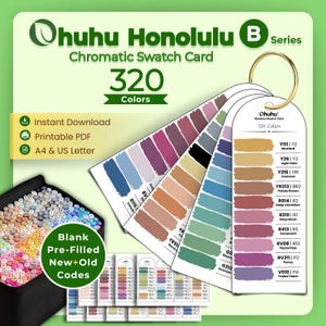 May include: Ohuhu Honolulu B Series Chromatic Swatch Card featuring 320 colours on white arched cards held by a gold ring. The cards display colour swatches with corresponding codes and names. A black case filled with markers is visible in the corner.