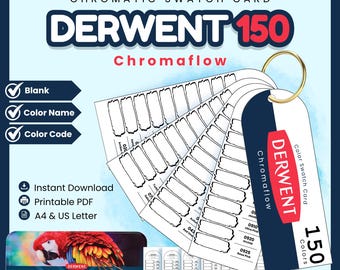 May include: A Derwent Chromaflow 150 chromatic swatch card set featuring a fan-style deck of blank white paper templates on a gold ring. The cards include spaces for color names and codes. The design includes text for instant download, printable PDF, and A4 or US Letter sizing options.